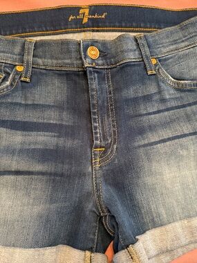 7 For All Mankind Blue Washed Cropped Denim Shorts